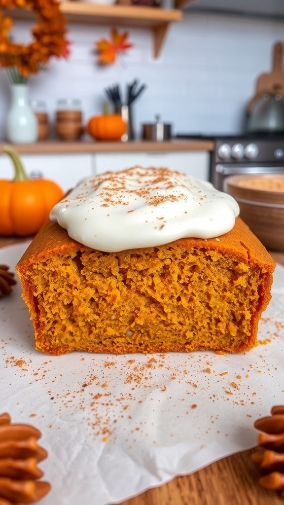 Pumpkin bread loaf topped with cream cheese frosting, garnished with cinnamon, on a rustic kitchen table.